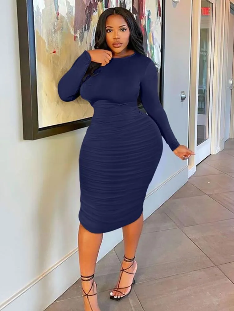 BEAGIMEG Women's Ruched Long Sleeve Elegant Bodycon Basic Casual Midi Dress
