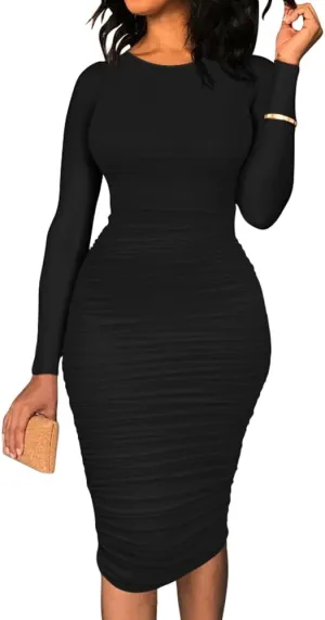 BEAGIMEG Women's Ruched Long Sleeve Elegant Bodycon Basic Casual Midi Dress