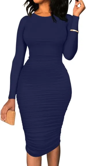 BEAGIMEG Women's Ruched Long Sleeve Elegant Bodycon Basic Casual Midi Dress