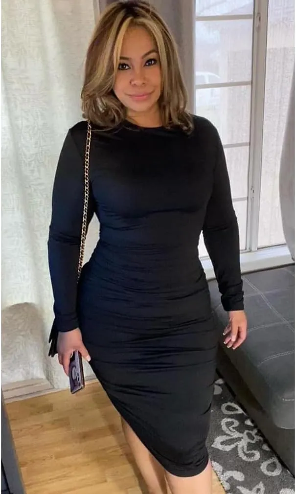 BEAGIMEG Women's Ruched Long Sleeve Elegant Bodycon Basic Casual Midi Dress