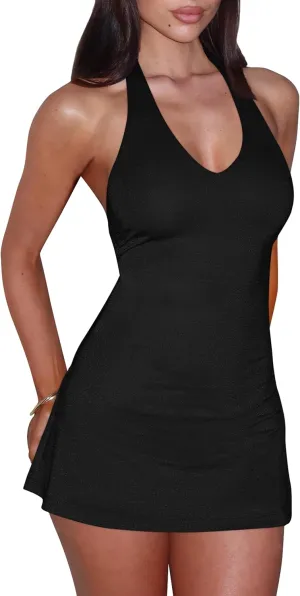 BEAGIMEG Women's Sexy Bodycon A-line Halter Deep V Backless Club Party Mini Dress