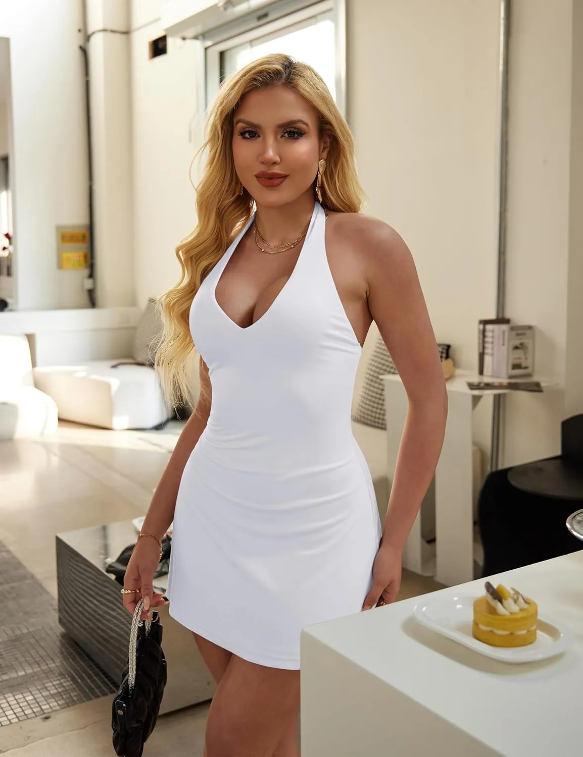 BEAGIMEG Women's Sexy Bodycon A-line Halter Deep V Backless Club Party Mini Dress