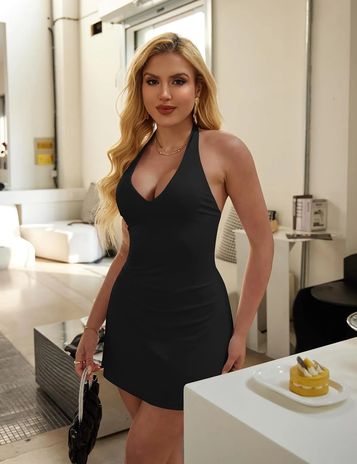 BEAGIMEG Women's Sexy Bodycon A-line Halter Deep V Backless Club Party Mini Dress