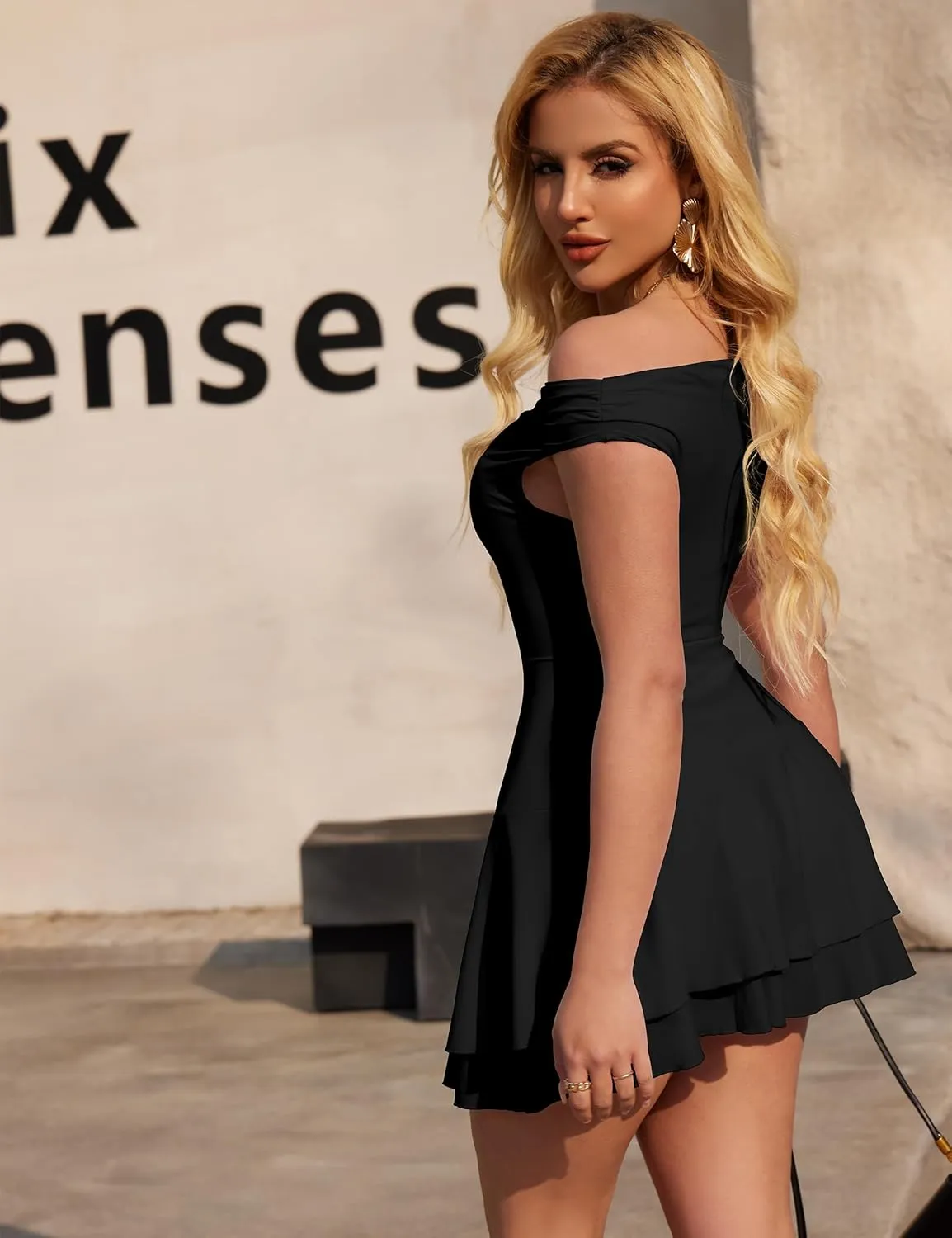 BEAGIMEG Women's Sexy Bodycon Off Shoulder Sleeveless Ruffles Club Party Mini Dress