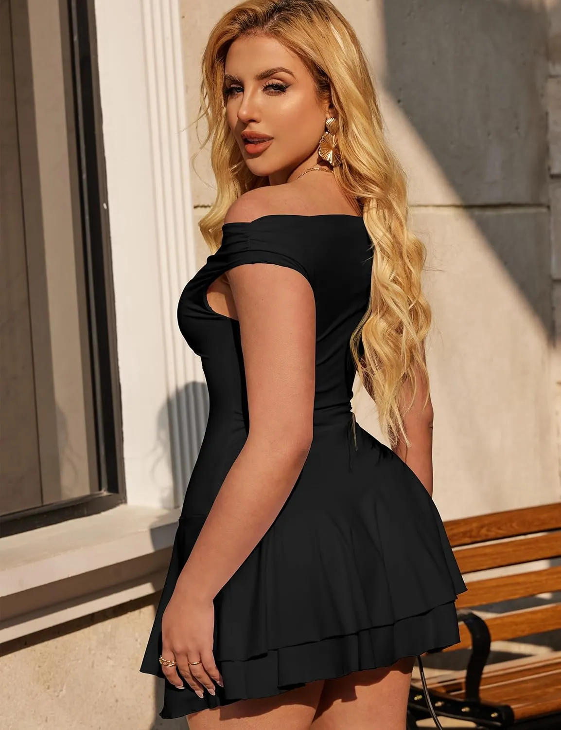 BEAGIMEG Women's Sexy Bodycon Off Shoulder Sleeveless Ruffles Club Party Mini Dress