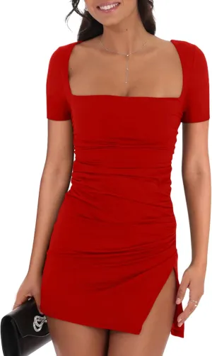 BEAGIMEG Women's Sexy Bodycon Short Sleeve Square Neck Side Slit Ruched Party Club Evening Mini Dress
