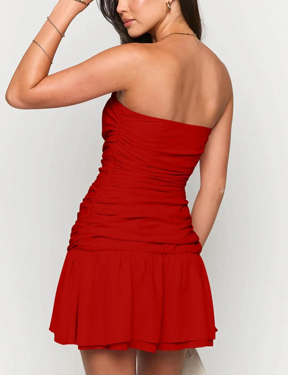 BEAGIMEG Women's Sexy Bodycon Strapless Tube Off Shoulder Ruched Backless Club Party Mini Dress