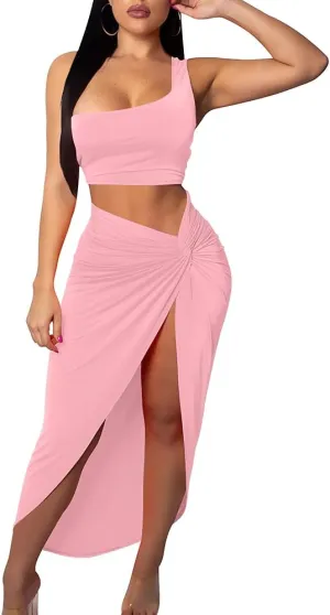 BEAGIMEG Women's Sexy One Shoulder Long Bodycon Slit Skirt 2 Pieces Dress