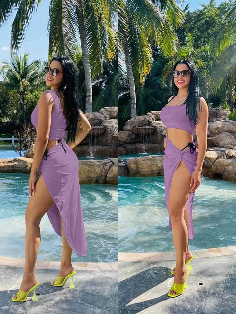 BEAGIMEG Women's Sexy One Shoulder Long Bodycon Slit Skirt 2 Pieces Dress