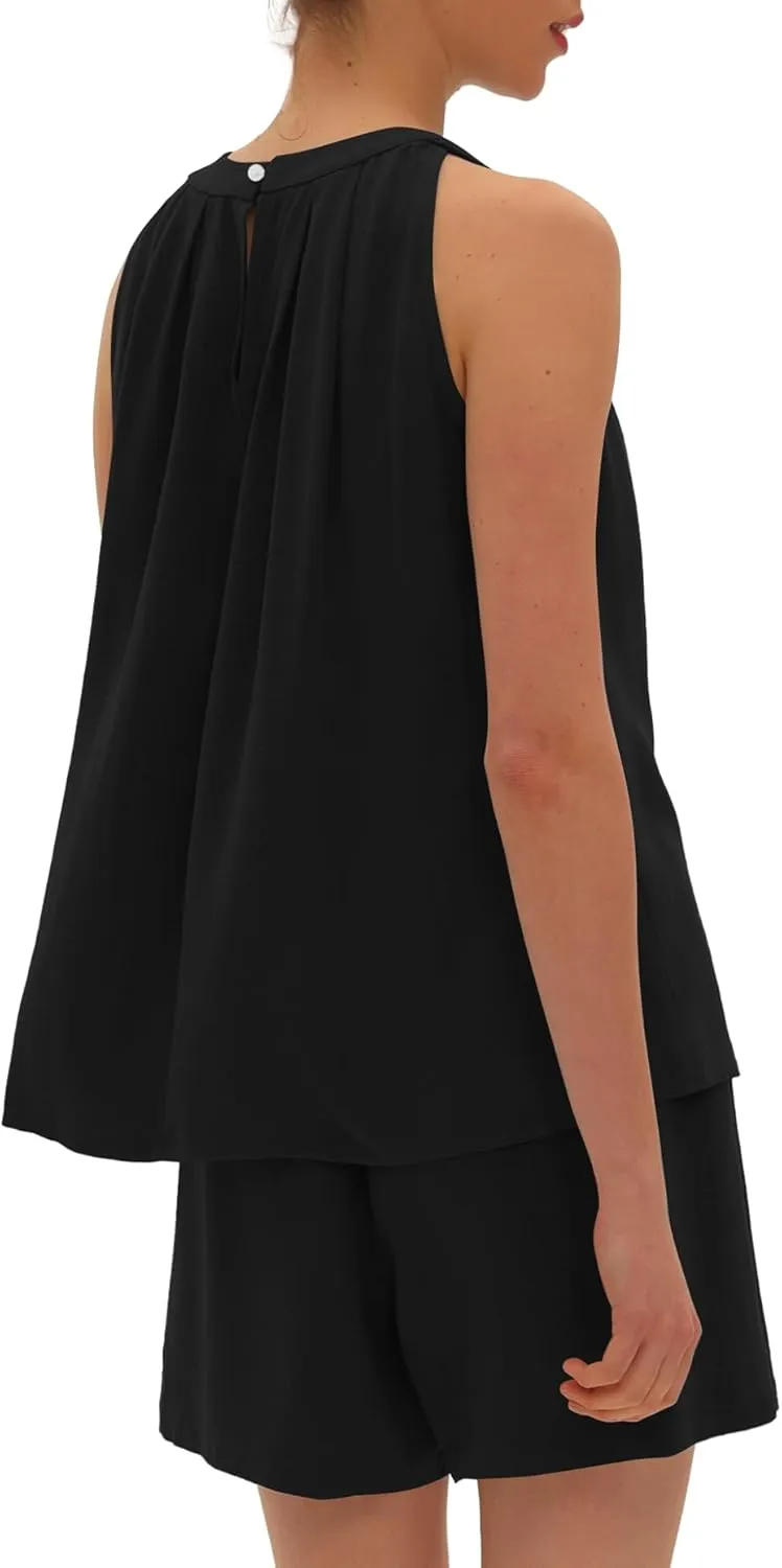 Beaully Linen Short Sets 2 Piece for Women Summer Casual Sleeveless Halter Neck Tops And Shorts Set Travel Outfits