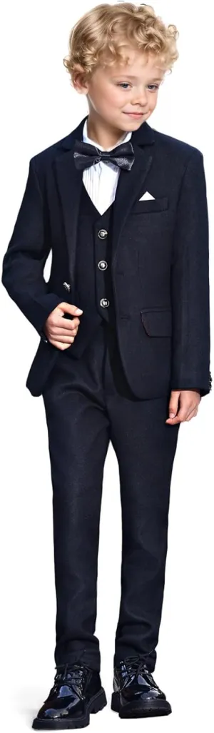 Boys Suit Floral Pattern 4 Piece Formal Suits for Boys Wedding Outfit Jacquard Suit Blazer Vest Pants Set with Bow Tie
