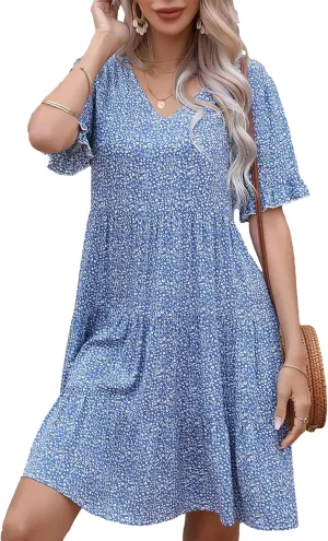 Bozanly Women's Summer Boho Tiered Mini Dress V Neck Ruffle Short Sleeve Floral Dresses