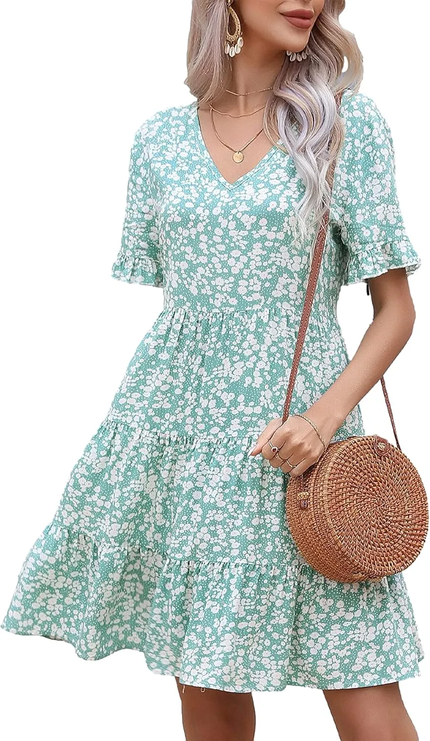 Bozanly Women's Summer Boho Tiered Mini Dress V Neck Ruffle Short Sleeve Floral Dresses