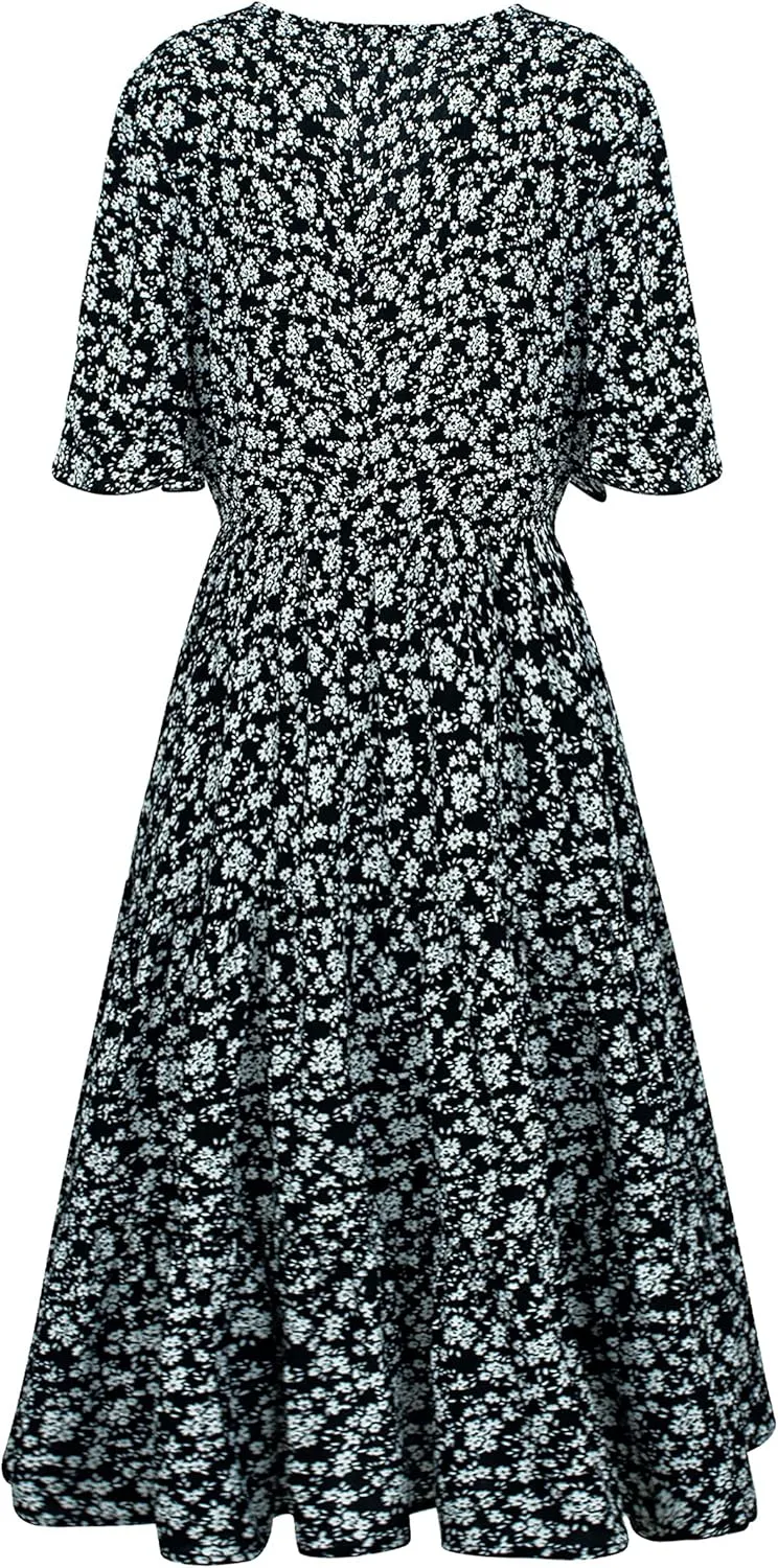 Bozanly Women's Summer Boho Tiered Mini Dress V Neck Ruffle Short Sleeve Floral Dresses