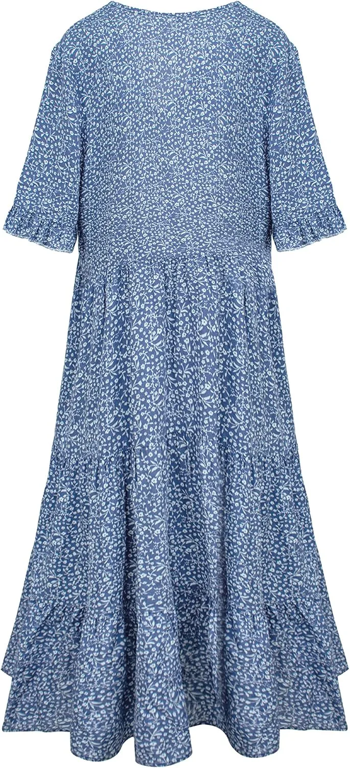 Bozanly Women's Summer Boho Tiered Mini Dress V Neck Ruffle Short Sleeve Floral Dresses