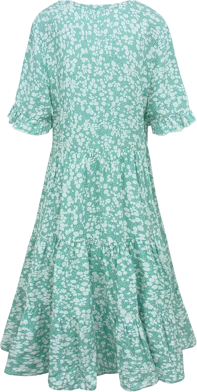 Bozanly Women's Summer Boho Tiered Mini Dress V Neck Ruffle Short Sleeve Floral Dresses