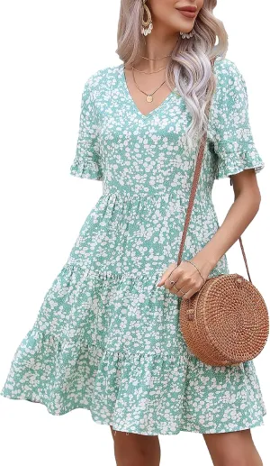 Bozanly Women's Summer Boho Tiered Mini Dress V Neck Ruffle Short Sleeve Floral Dresses