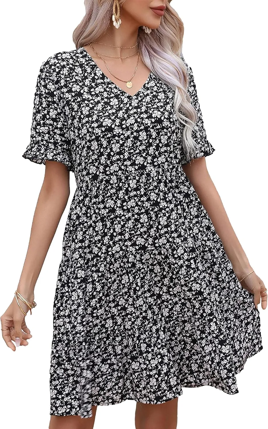 Bozanly Women's Summer Boho Tiered Mini Dress V Neck Ruffle Short Sleeve Floral Dresses
