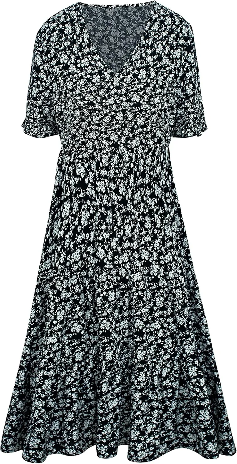 Bozanly Women's Summer Boho Tiered Mini Dress V Neck Ruffle Short Sleeve Floral Dresses