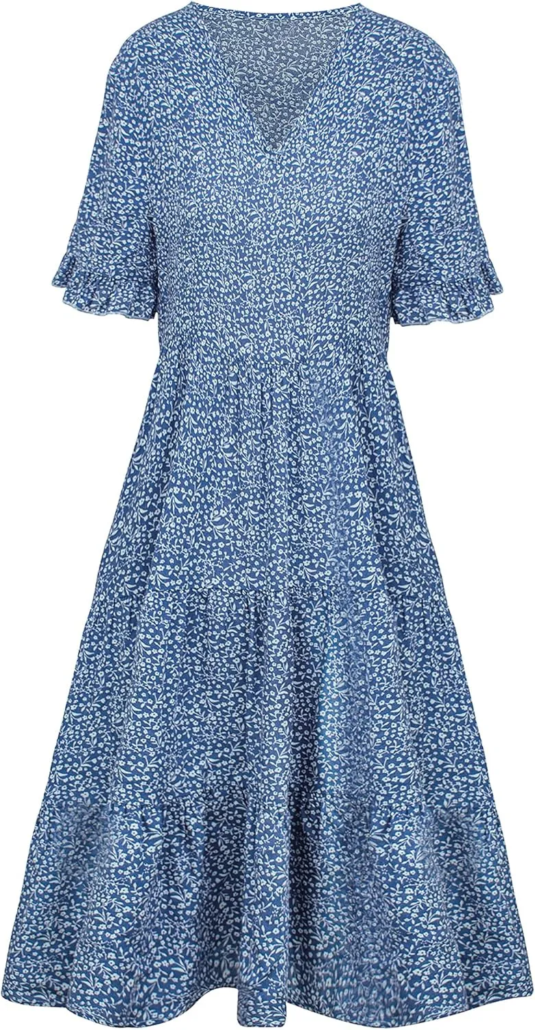 Bozanly Women's Summer Boho Tiered Mini Dress V Neck Ruffle Short Sleeve Floral Dresses