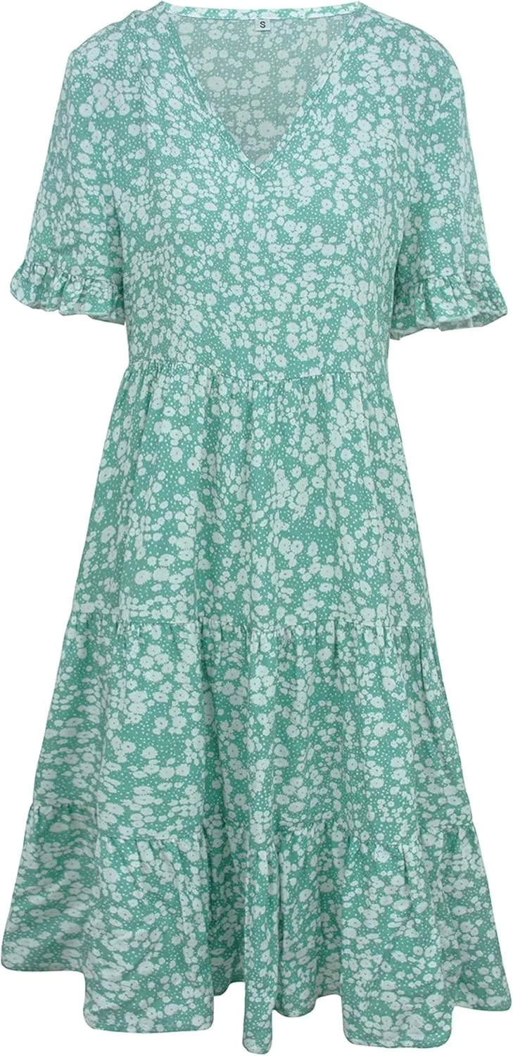 Bozanly Women's Summer Boho Tiered Mini Dress V Neck Ruffle Short Sleeve Floral Dresses
