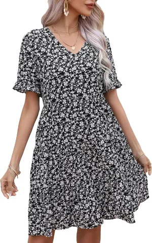 Bozanly Women's Summer Boho Tiered Mini Dress V Neck Ruffle Short Sleeve Floral Dresses