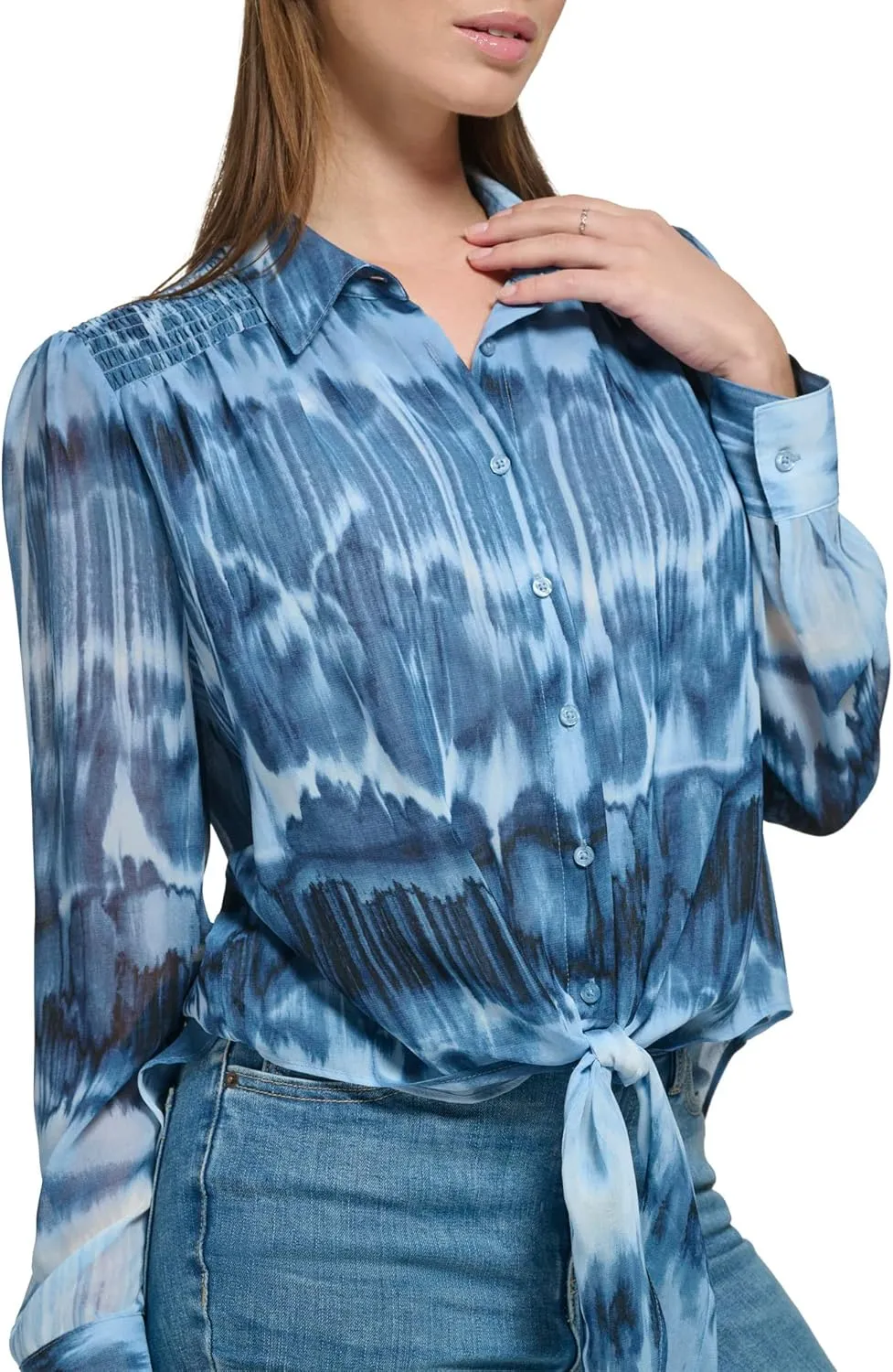 Calvin Klein Women's Flowy Knotted Button Front Printed Long Sleeve Blouse