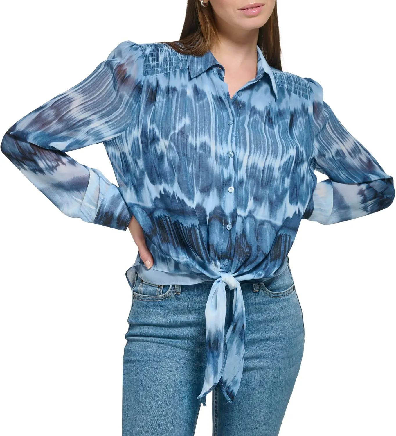 Calvin Klein Women's Flowy Knotted Button Front Printed Long Sleeve Blouse