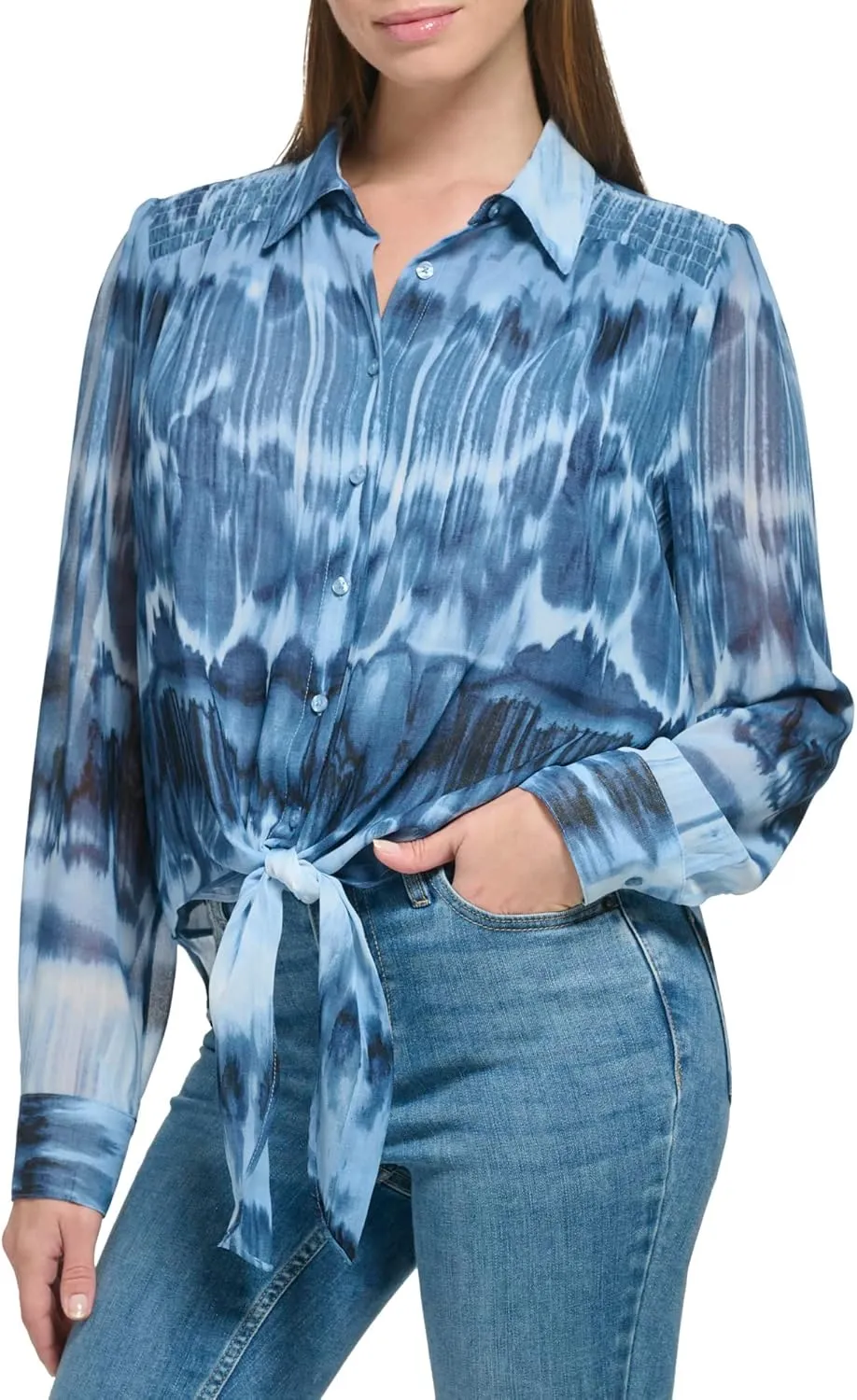 Calvin Klein Women's Flowy Knotted Button Front Printed Long Sleeve Blouse