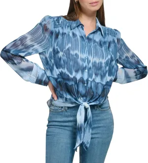 Calvin Klein Women's Flowy Knotted Button Front Printed Long Sleeve Blouse