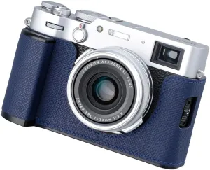 Camera Half Case for Fujifilm Fuji X100VI,Vintage Metal Genuine Leather Instant Camera Protective Cases Stylish Portable Shockproof (BlueL)