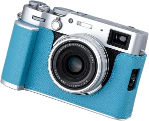 Camera Half Case for Fujifilm Fuji X100VI,Vintage Metal Genuine Leather Instant Camera Protective Cases Stylish Portable Shockproof (BlueS)