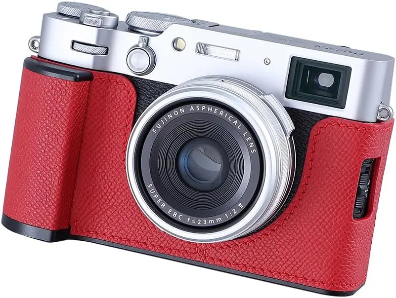Camera Half Case for Fujifilm Fuji X100VI,Vintage Metal Genuine Leather Instant Camera Protective Cases Stylish Portable Shockproof (Red)