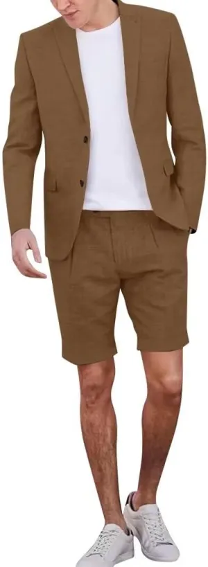 Casual Linen Short Suit Sets for Men Summer Suit Beach Wedding 2 Piece Tuxedo Blazer Shorts Suit