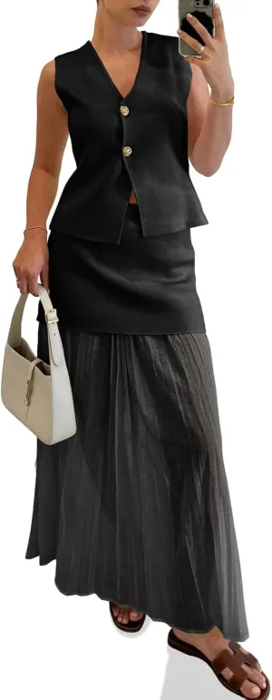 Cicy Bell Womens Summer 2 Piece Outfits V Neck Sleeveless Blazer Waistcoat and Mesh Maxi Skirt Suit Sets