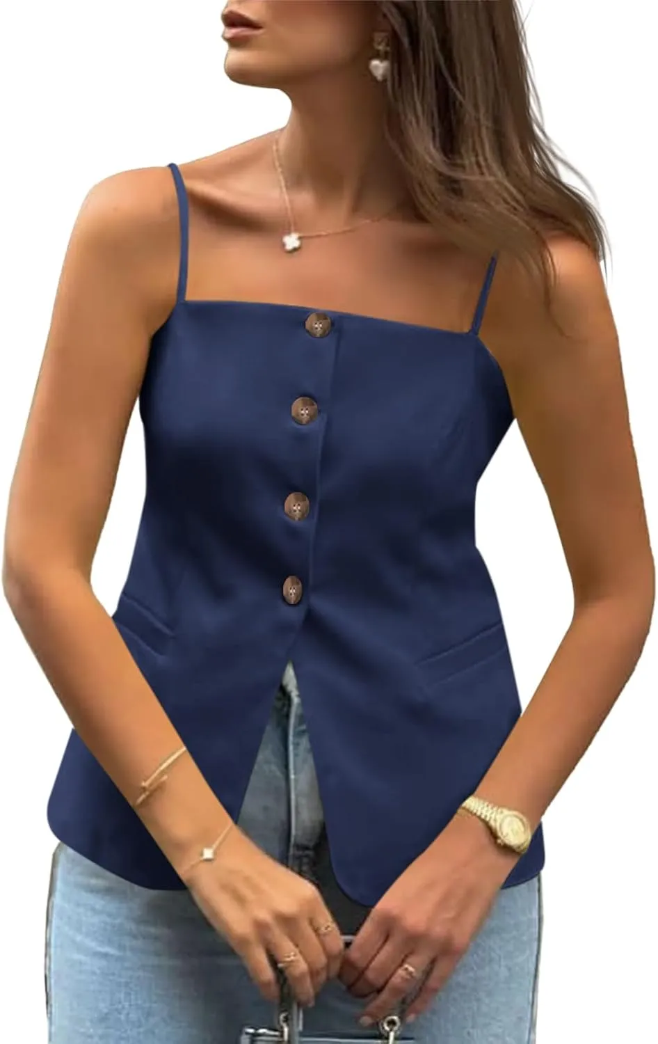 Cicy Bell Womens Summer Spaghetti Strap Vest Tops Dressy Casual Button Down Waistcoat Fitted Split Hem Sleeveless Suit Blazer