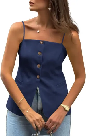 Cicy Bell Womens Summer Spaghetti Strap Vest Tops Dressy Casual Button Down Waistcoat Fitted Split Hem Sleeveless Suit Blazer