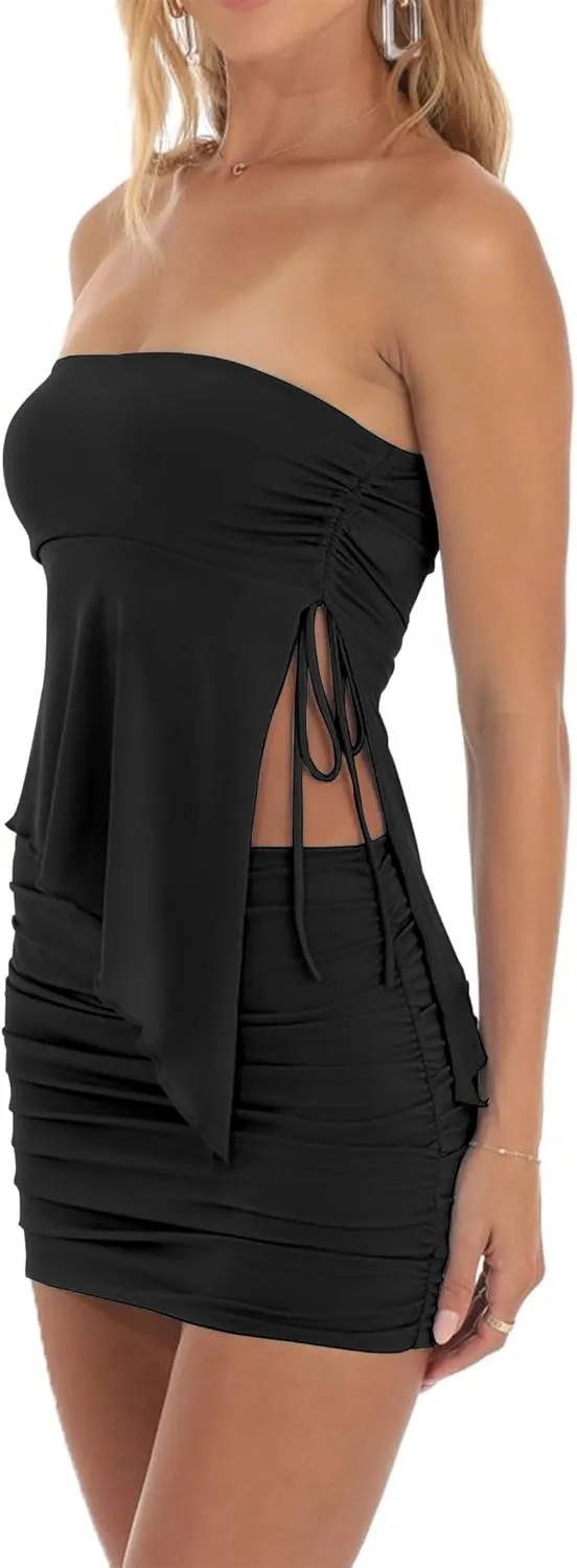 CSDAJIO Women Two Piece Summer Set Club Outfits Drawstring Ruched Side Asymmetrical Tube Top and Bodycon Mini Skirt