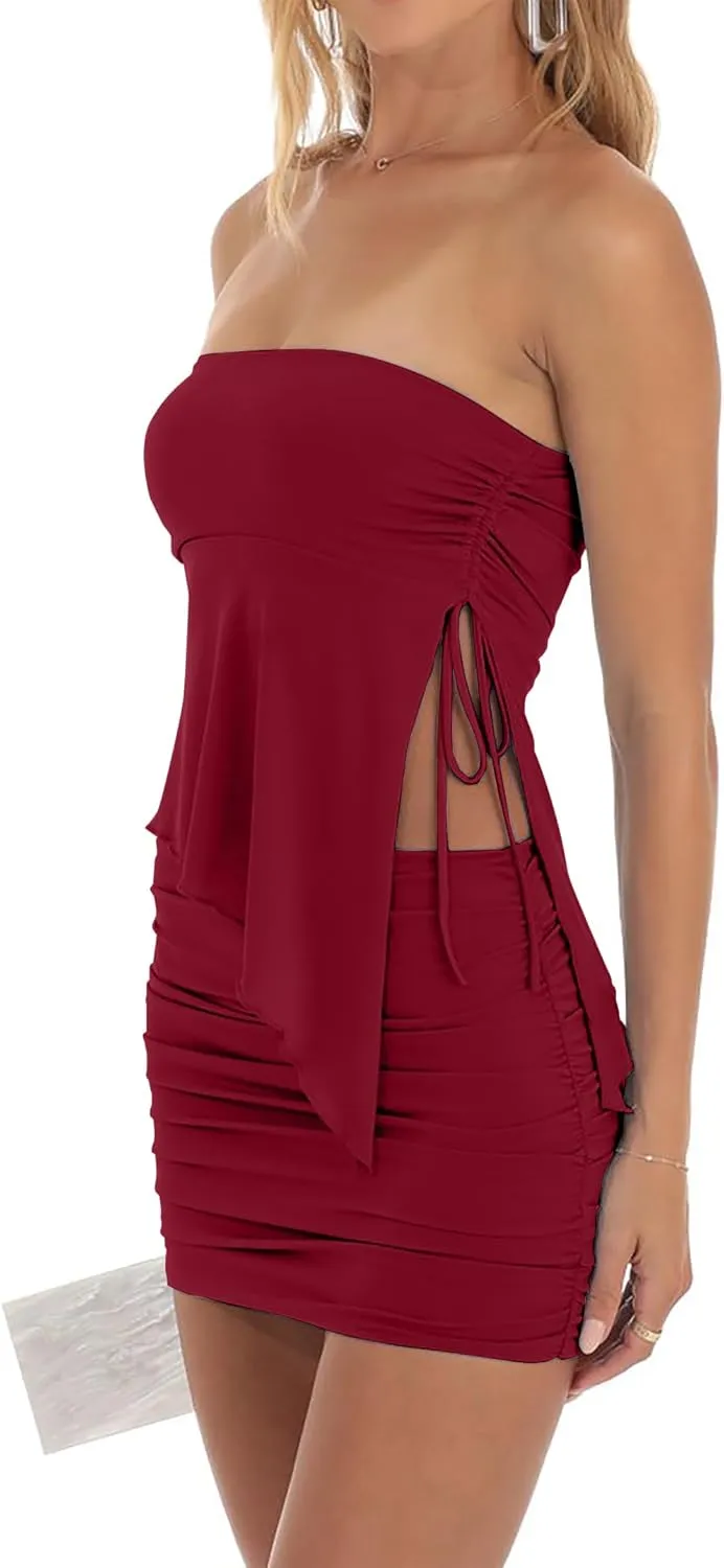 CSDAJIO Women Two Piece Summer Set Club Outfits Drawstring Ruched Side Asymmetrical Tube Top and Bodycon Mini Skirt