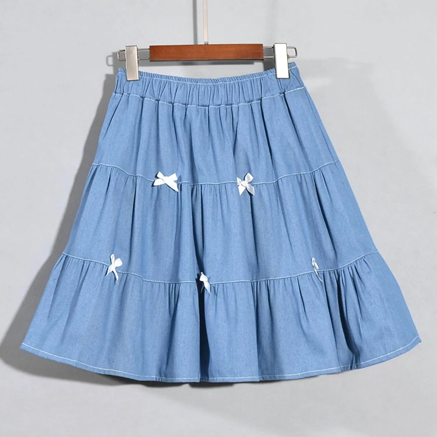 Cute Bows Tiered Denim Skirts for Teens Women High Waisted Mini Skort 2025 Trendy Casual Flare Blue Jean Skirt