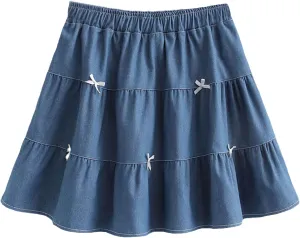 Cute Bows Tiered Denim Skirts for Teens Women High Waisted Mini Skort 2025 Trendy Casual Flare Blue Jean Skirt