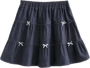 Cute Bows Tiered Denim Skirts for Teens Women High Waisted Mini Skort 2025 Trendy Casual Flare Blue Jean Skirt