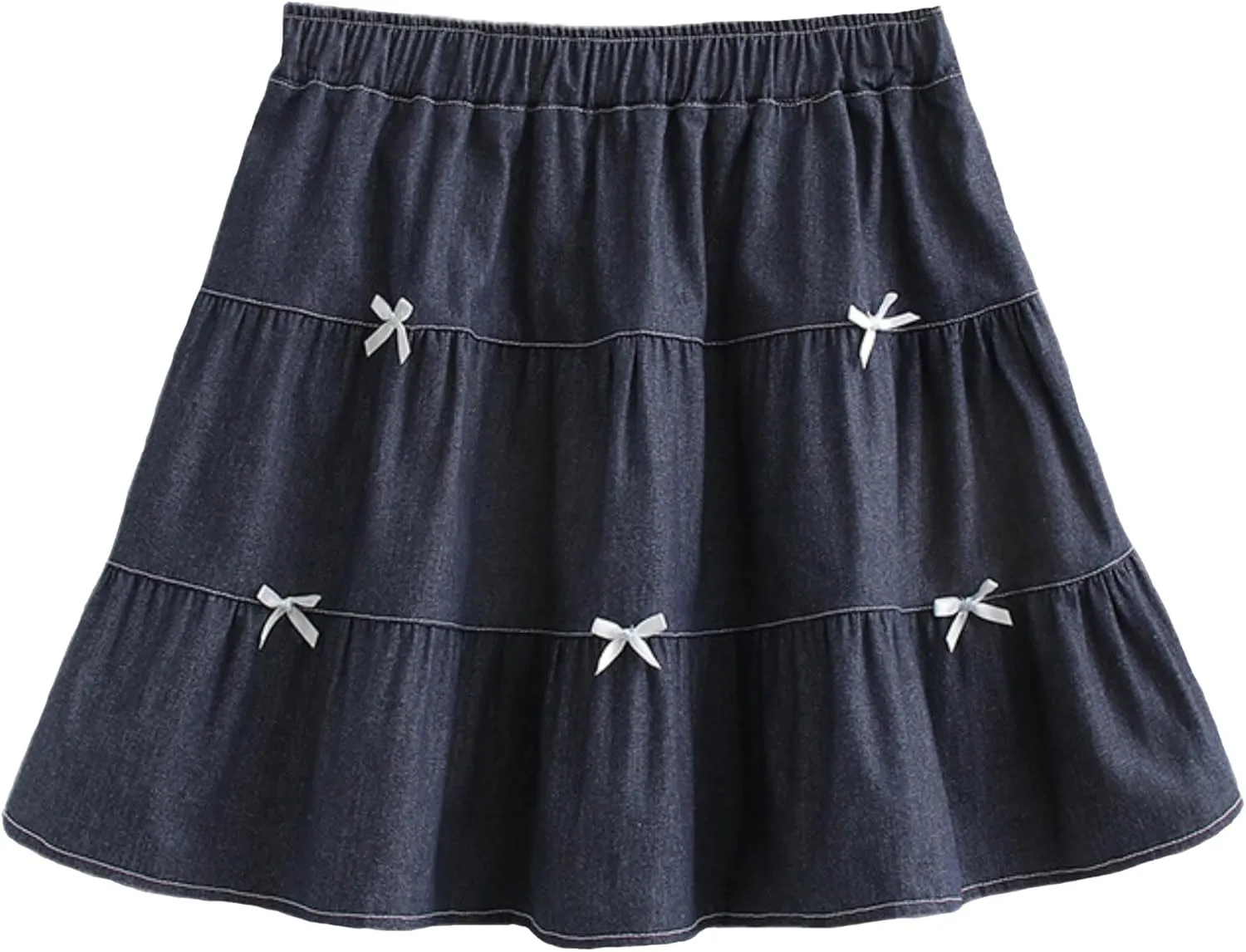 Cute Bows Tiered Denim Skirts for Teens Women High Waisted Mini Skort 2025 Trendy Casual Flare Blue Jean Skirt