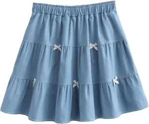 Cute Bows Tiered Denim Skirts for Teens Women High Waisted Mini Skort 2025 Trendy Casual Flare Blue Jean Skirt