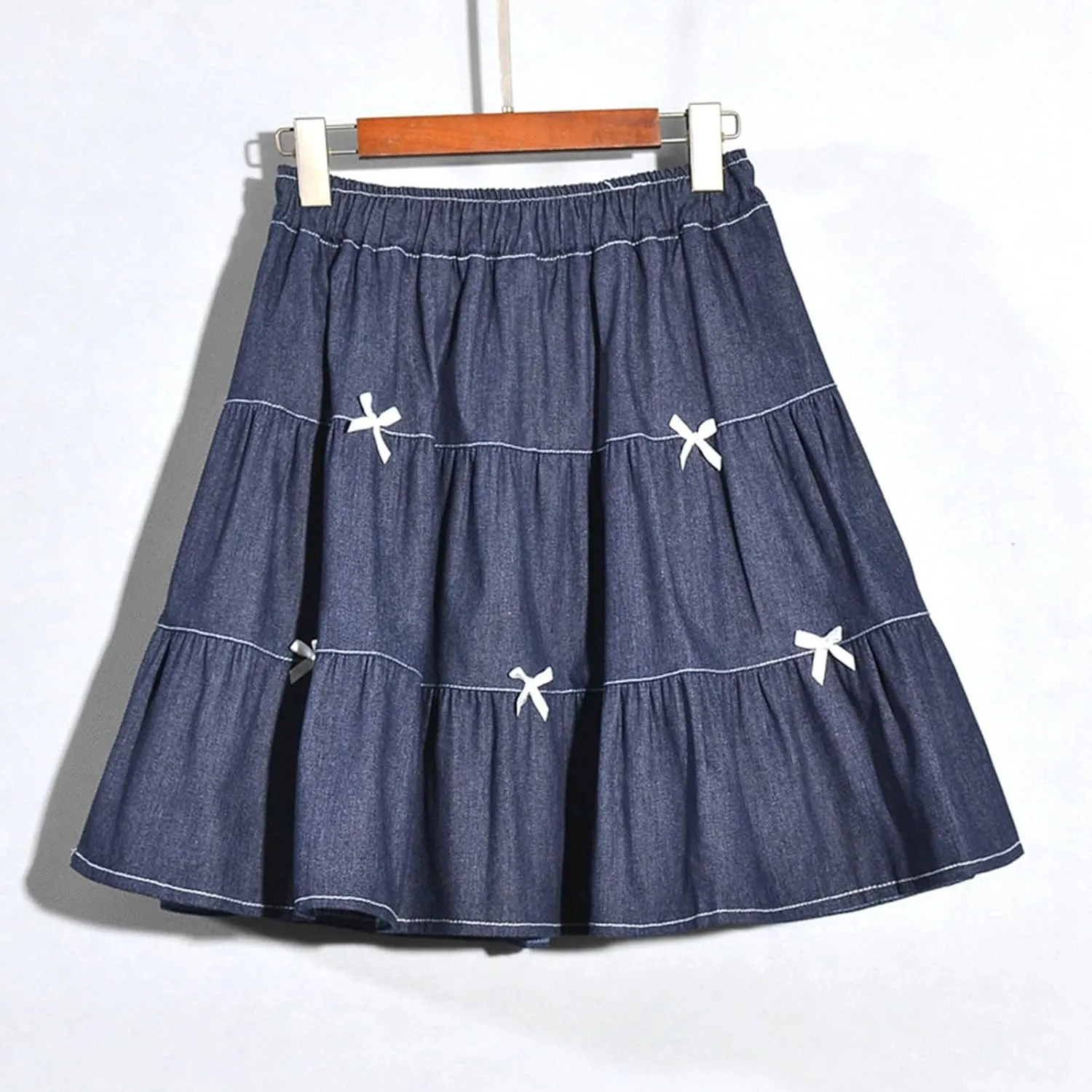 Cute Bows Tiered Denim Skirts for Teens Women High Waisted Mini Skort 2025 Trendy Casual Flare Blue Jean Skirt