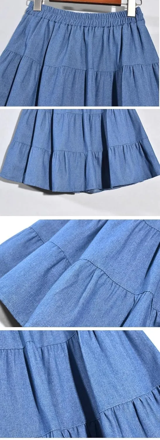 Cute Bows Tiered Denim Skirts for Teens Women High Waisted Mini Skort 2025 Trendy Casual Flare Blue Jean Skirt