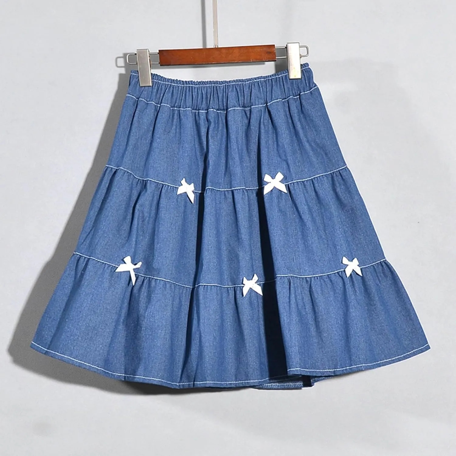 Cute Bows Tiered Denim Skirts for Teens Women High Waisted Mini Skort 2025 Trendy Casual Flare Blue Jean Skirt