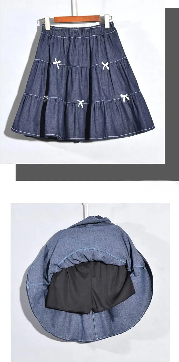 Cute Bows Tiered Denim Skirts for Teens Women High Waisted Mini Skort 2025 Trendy Casual Flare Blue Jean Skirt