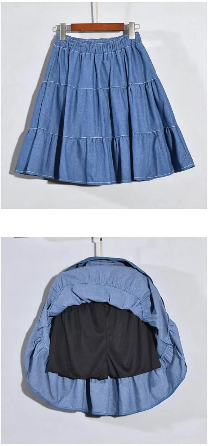 Cute Bows Tiered Denim Skirts for Teens Women High Waisted Mini Skort 2025 Trendy Casual Flare Blue Jean Skirt
