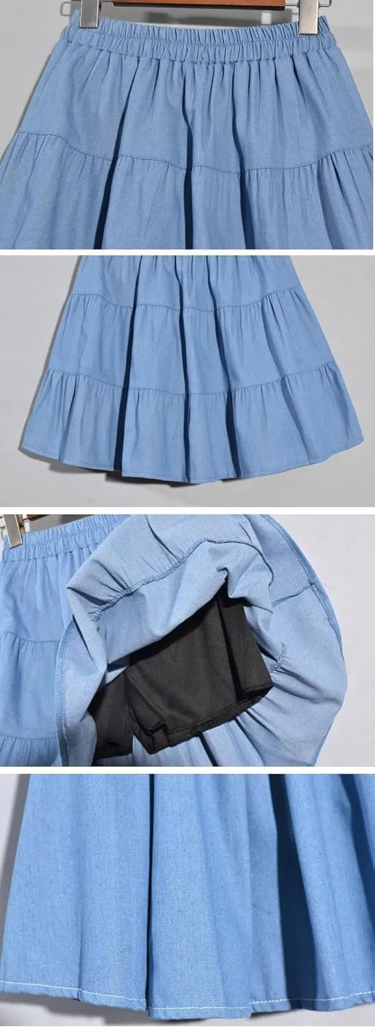 Cute Bows Tiered Denim Skirts for Teens Women High Waisted Mini Skort 2025 Trendy Casual Flare Blue Jean Skirt